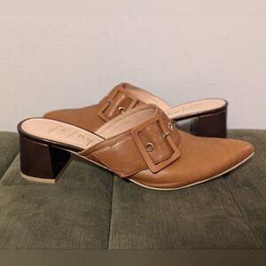 French Sole Tan Mules with Buckle Detail